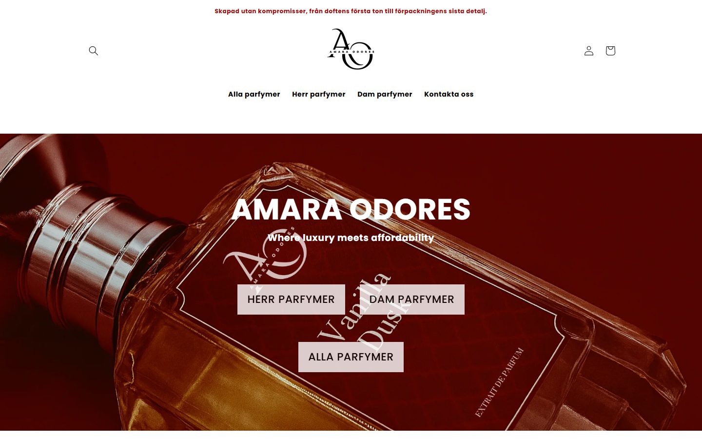 The amaraodores.se homepage with a perfume bottle and buttons for men's and women's fragrances