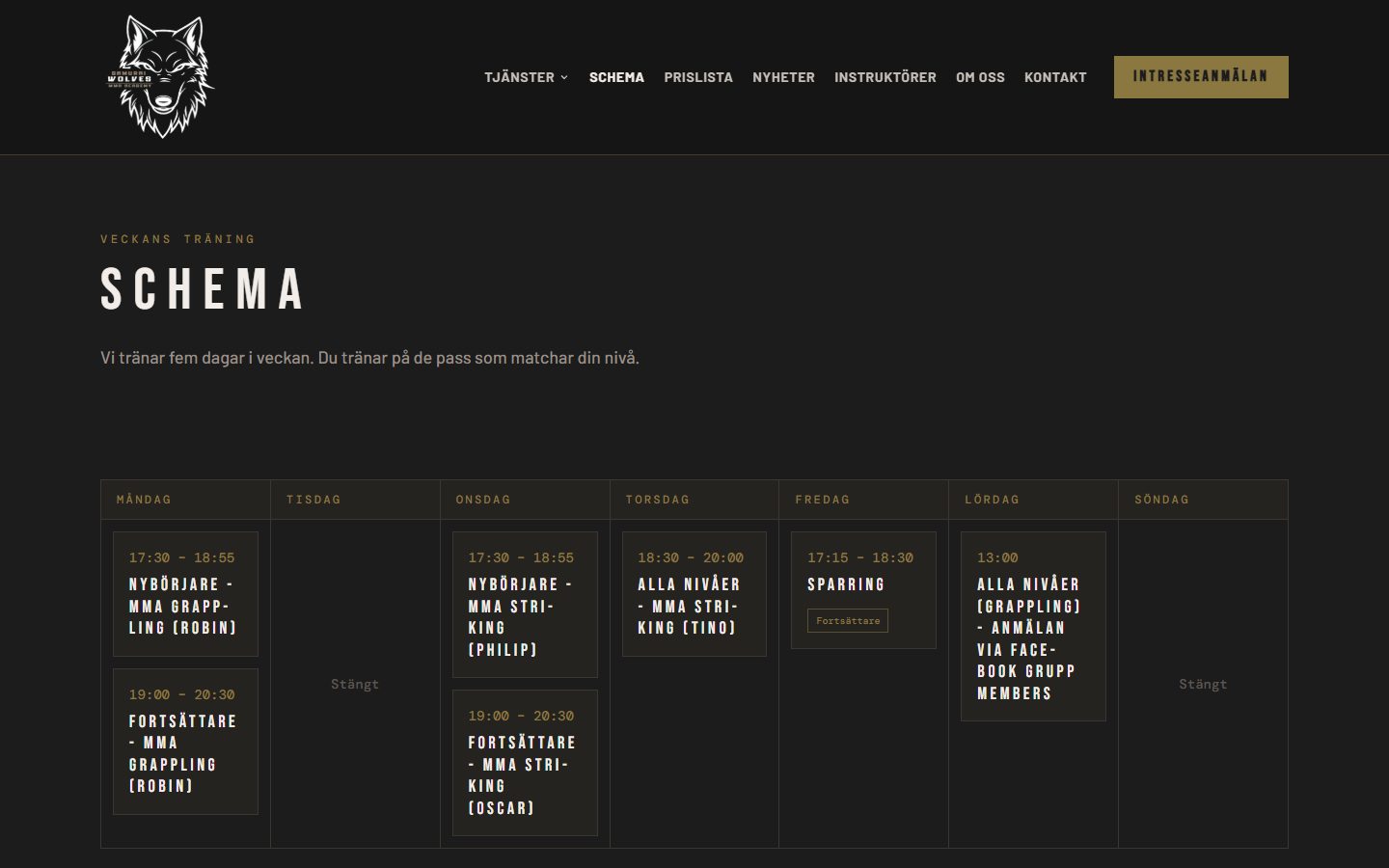 The weekly training schedule on swmma.se, which the coaches update themselves in the admin panel